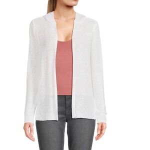SIONI Women's Hooded Cardigan‎ White Sequin Knit Open Front Lightweight Size L